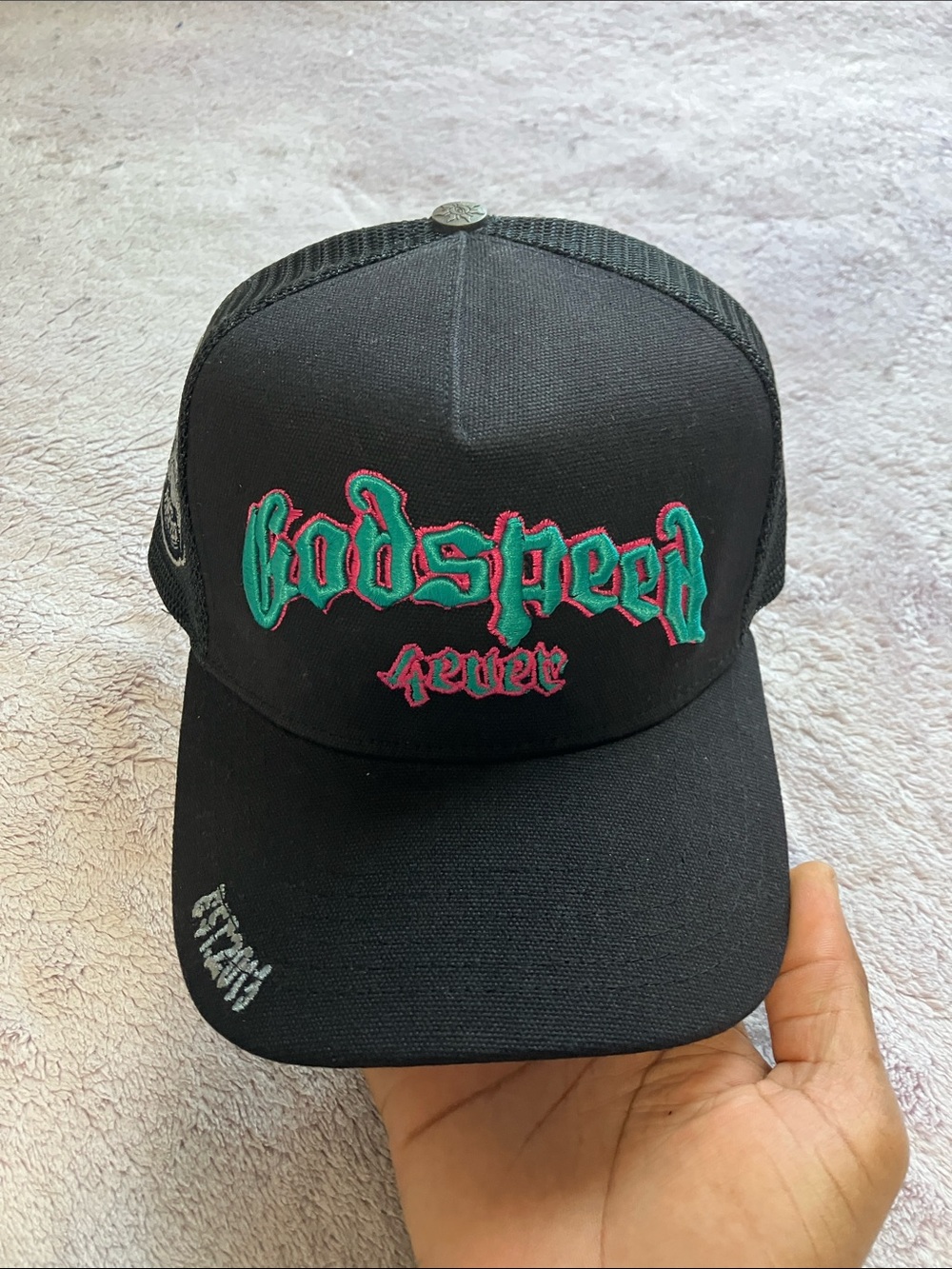 Godspeed Forever Black Trucker Hat with Teal & Pink Embroidery